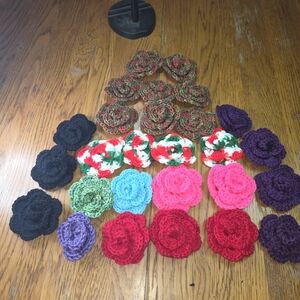 Handmade Vibrant Crochet Flowers For Lapel Broach Or Purse. Set Of 27.   NNCP